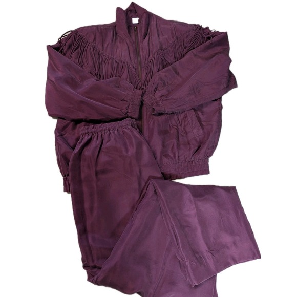 Vtg 90s FUDA International 100% Silk Fringe Tracksuit Set Eggplant Large 2pc...